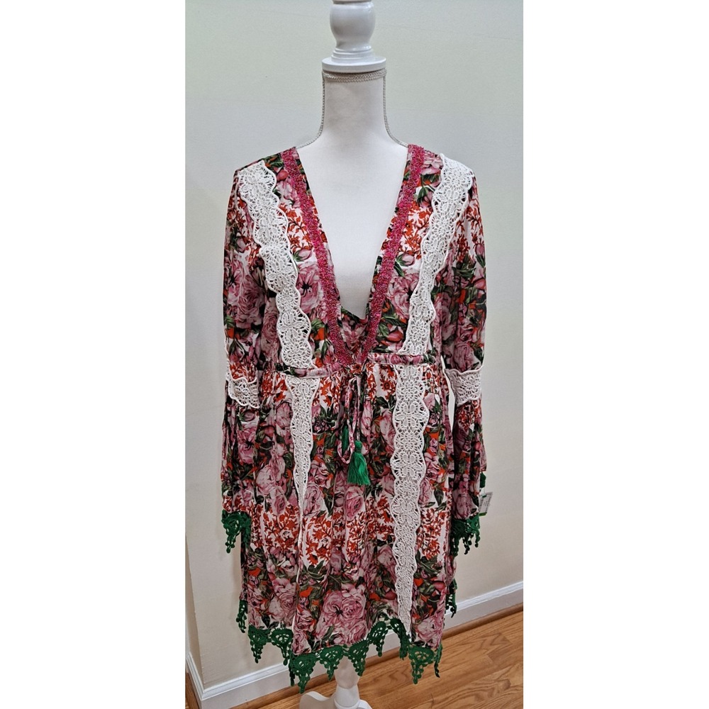 NWT M/L Beatnik Philosophy Pink/Red Floral Green Lace Boho Fairey Dress